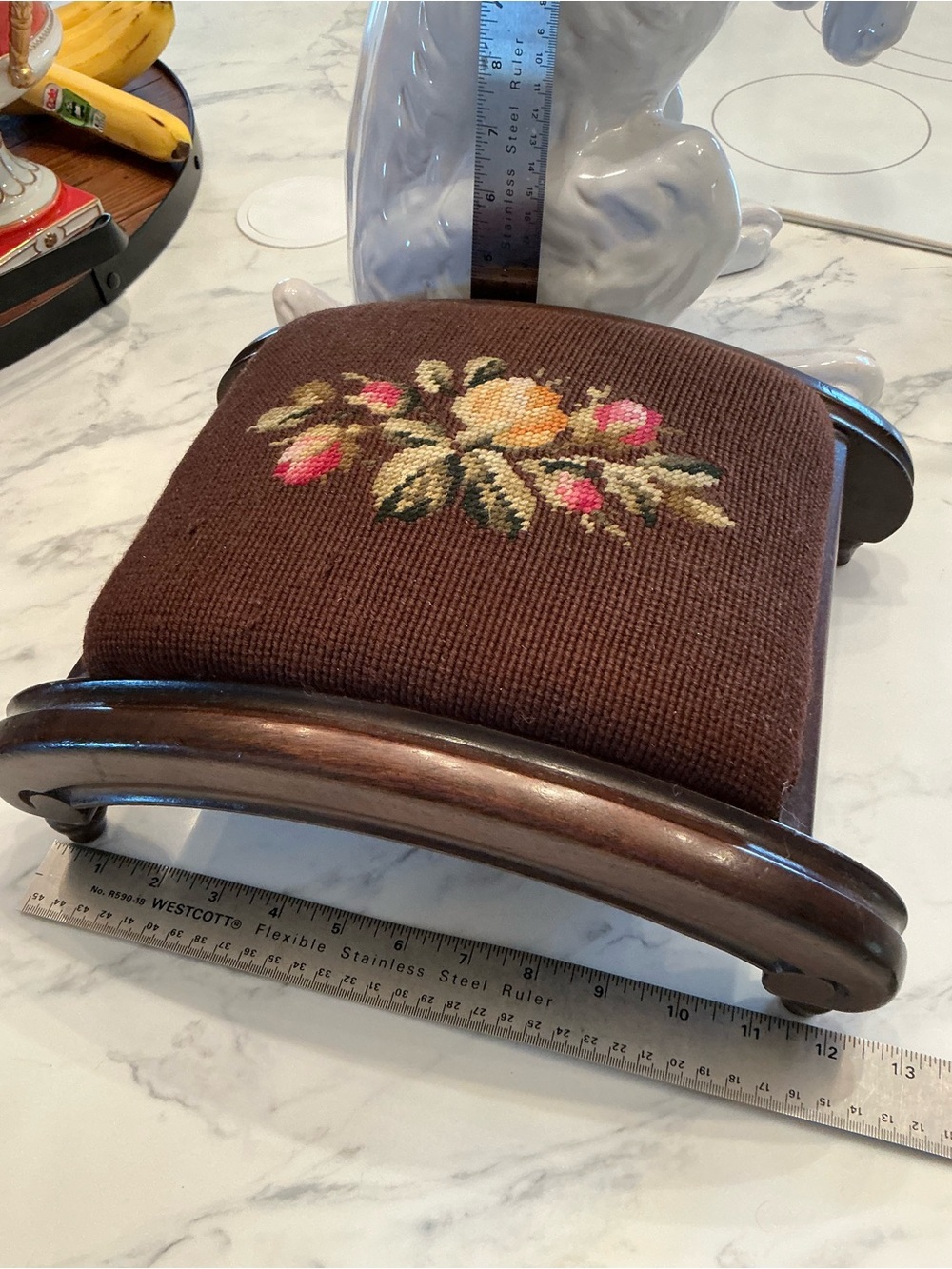 Embroidered Brown Floral Footstool  Vintage